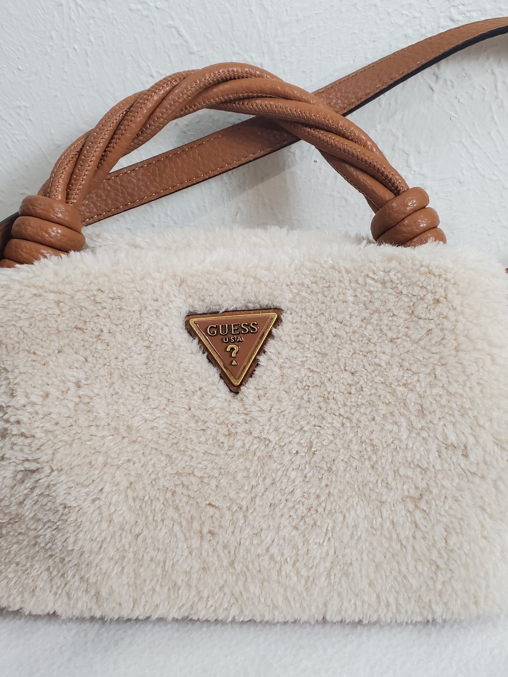 GUESS Cream Faux Shearling Mini Bag with Tan Leather Handles
